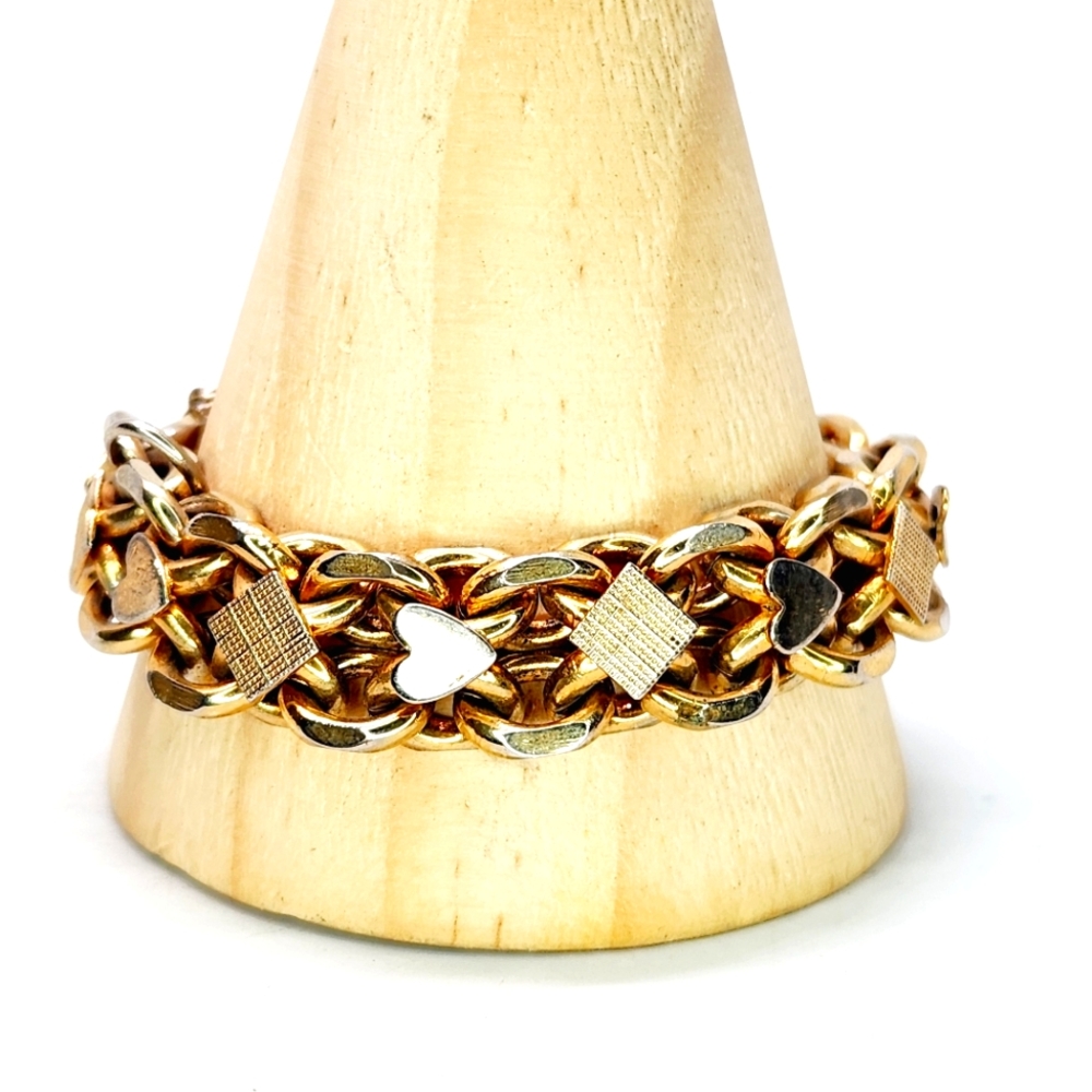 Vintage Chunky Byzantine Style Gold Tone Chain Link Heart Link Bracelet 55 grams